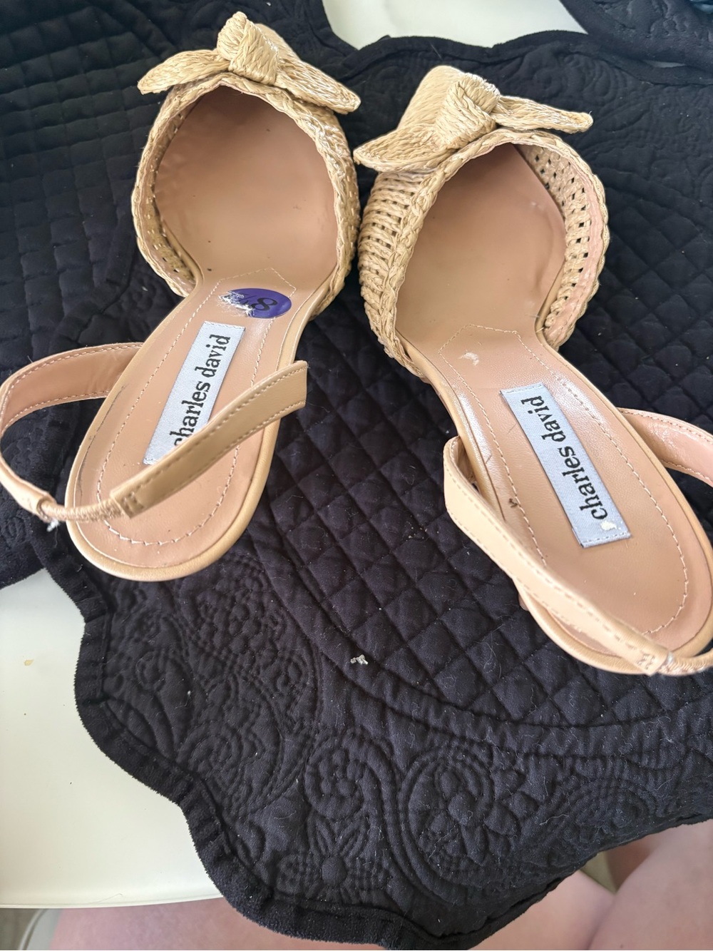 Charles David Beige Raffia Bow Slingback Heels